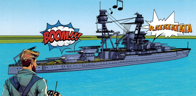 Comic-style illustration of the replica battleship firing, with boom and ratatat sound effects and a remote operator on shore.